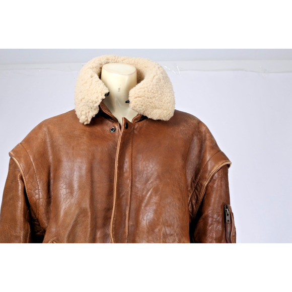Vintage Midway Brown Leather Zipper Bomber Jacket Size 40 Sheep Shearling Collar - Picture 8 of 16